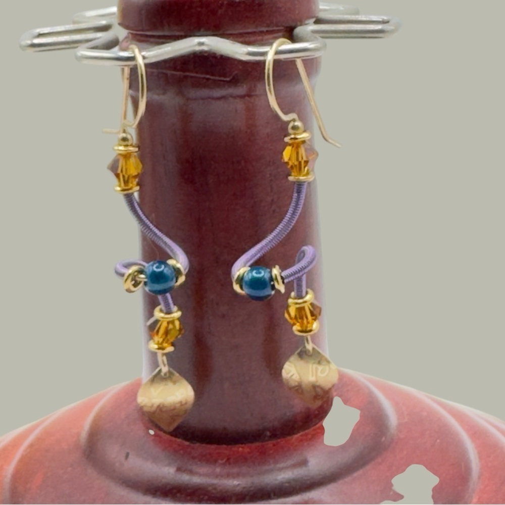 Vintage Holly Yashi Purple Blue Gold Wire Wrap Niobium Leaf Drop Earrings - Picture 5 of 8